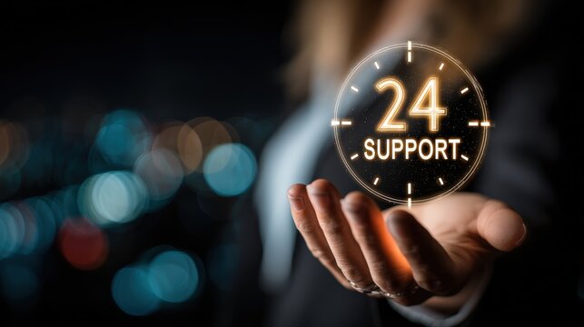 Round-the-Clock Assistance: A digital rendering depicts a helping hand, extending a clock face with the words "24 Support" hovering above. The scene portrays unwavering dedication and commitment.