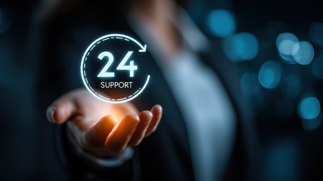 Round-the-Clock Support: A close-up captures a person's outstretched hand, cradling a glowing digital icon, symbolizing consistent support and assistance available 24/7. The futuristic.