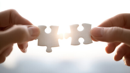 Two hands holding puzzle pieces, about to connect. The scene symbolizes unity, teamwork and solution