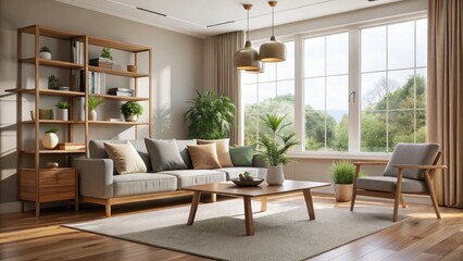 Fototapeta premium Minimalist Living Room Design: Wooden Accents, Large Window, High Depth of Field