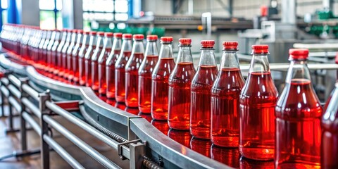 Obraz premium Red Beverage Production Line: Conveyor Belt Bottles Factory Image