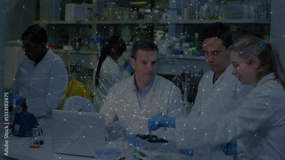 Poster lab scientist adjusting laptop and pointing, leading team pipetting microplate with network overlay