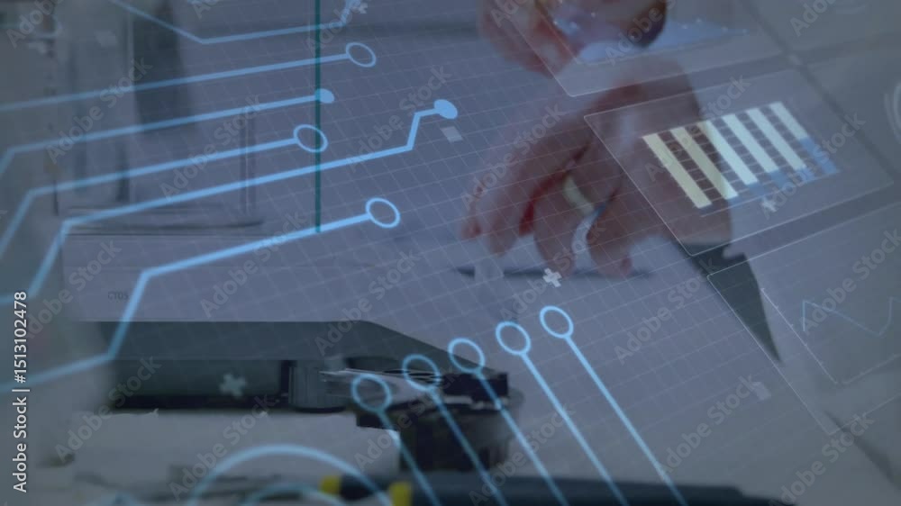 Poster picking gold connector scientist fitting into device port monitoring circuit data