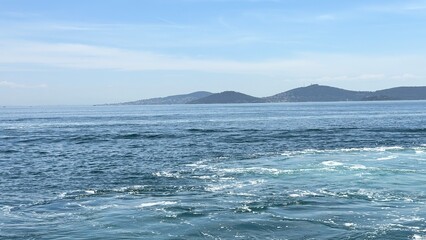 Marmara sea during overcast weather. Seagulls are flying on the Marmara sea in Kocaeli during overcast weather.The Bosphorus Straits in Istanbul, Turkey