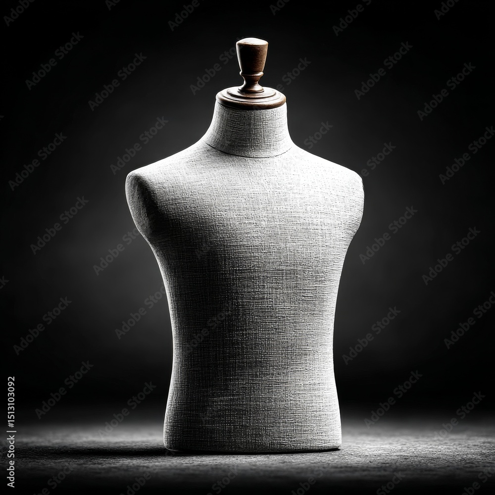 Poster cloth mannequin on dark stage: a study of texture and form in the art of tailoring.