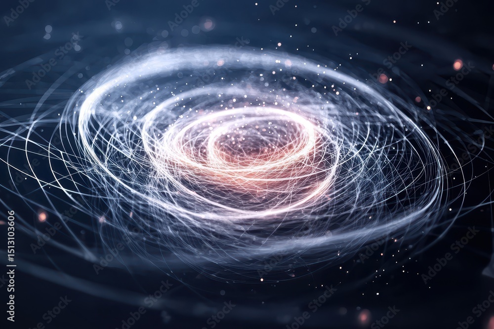 Poster glowing swirling lines and particles form an abstract spiral pattern on a dark background, resemblin