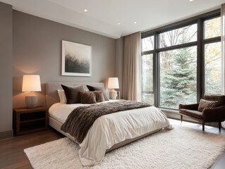 Fototapeta premium A contemporary bedroom featuring a large window and neutral tones.