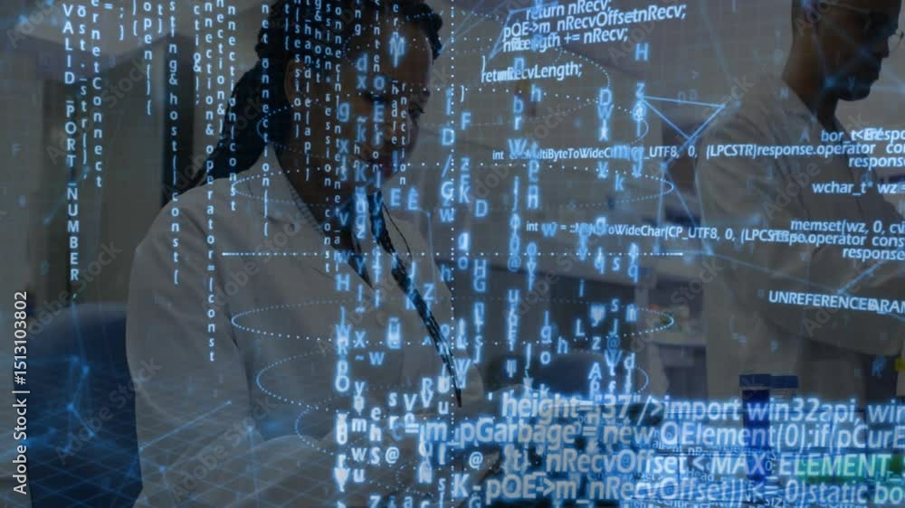 Poster female scientist tapping tablet projecting hologram code in lab while coworker sorting test tubes