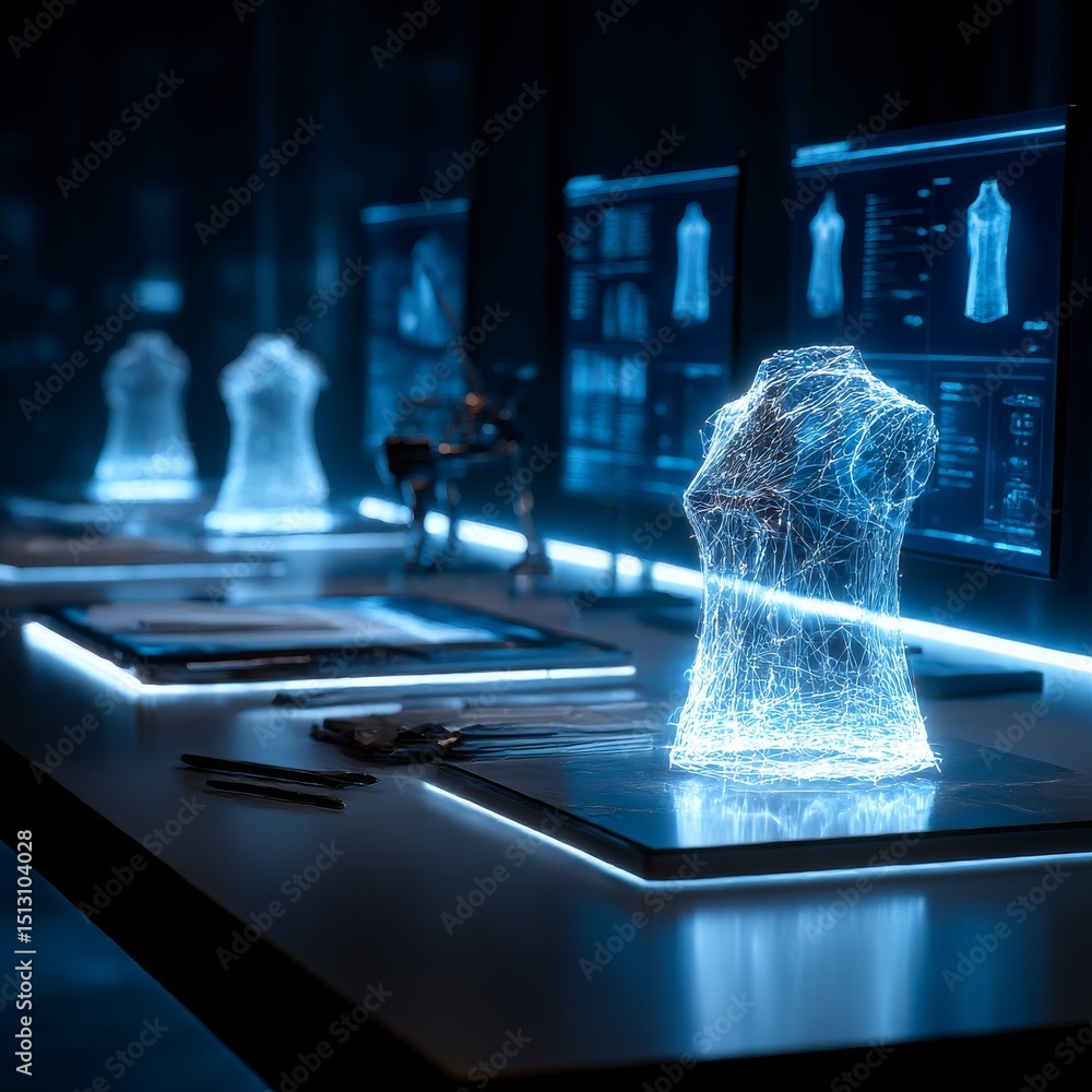 Poster futuristic fashion design: digital mannequin with blueprints and tools on a modern table