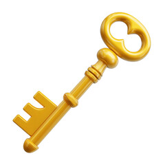 Golden vintage key with ornate design featuring a circular handle and intricate teeth. transparent background