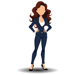 Businesswoman with wavy curly hair, wearing a dark blue skirt suit and black high heels, with both hands on hips, on a white background.