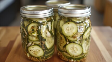 Three glass jars filled with homemade cucumber pickles on a wooden surface. Showcase healthy food, canning, or summer harvest preservation themes.