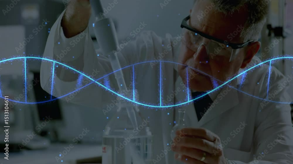 Poster scientist responding to pulsing dna helix drawing solution into vial from beaker showing genetics