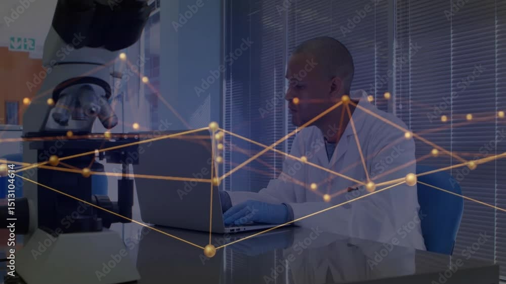 Poster lab researcher opening laptop and analyzing data, animating golden node network overlay