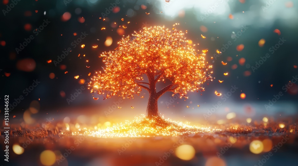Poster a glowing tree with vibrant orange leaves sparkles in a magical, dreamy landscape as light particles