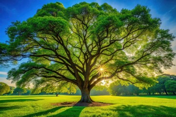 Obraz premium Stunning Green Nature Background, High Depth of Field, Lush Grass, Majestic Tree, Deep Focus Photography, Nature Scene, Green Landscape, Outdoor Photography