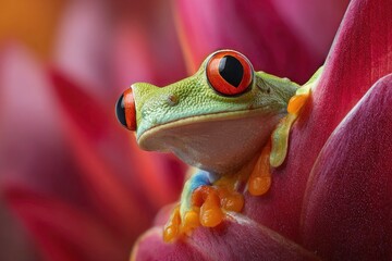 Close Up of a Red Eyed Tree Frog Resting on a Vibrant Red Flower Petal in a Tropical Setting