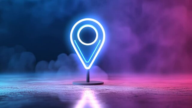 Glowing location pointer neon symbol on reflective surface abstract modern background