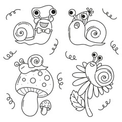 Cute Snail Doodle Set – Hand Drawn Funny Snails with Mushrooms and Flowers
