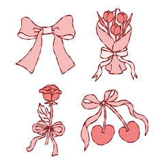 Romantic Coquette Doodle Set &ndash; Bow, Rose, Tulip Bouquet, and Cherries
