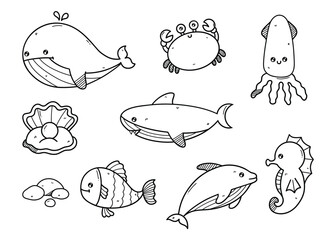 Cute Ocean Animals Doodle &ndash; Hand Drawn Sea Creatures Illustration Set