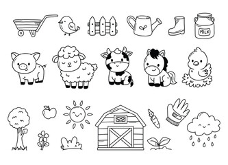 Cute Farm Life Doodle Set &ndash; Hand Drawn Barn Animals and Garden Elements