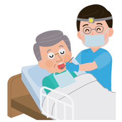 訪問歯科医　往診する男性歯科医師と患者の高齢男性　イラスト