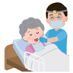 訪問歯科医　往診する男性歯科医師と患者の高齢女性　イラスト