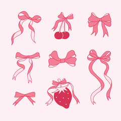 Strawberry and Cherry Coquette Bows &ndash; Cute Pink Ribbon Vector Set