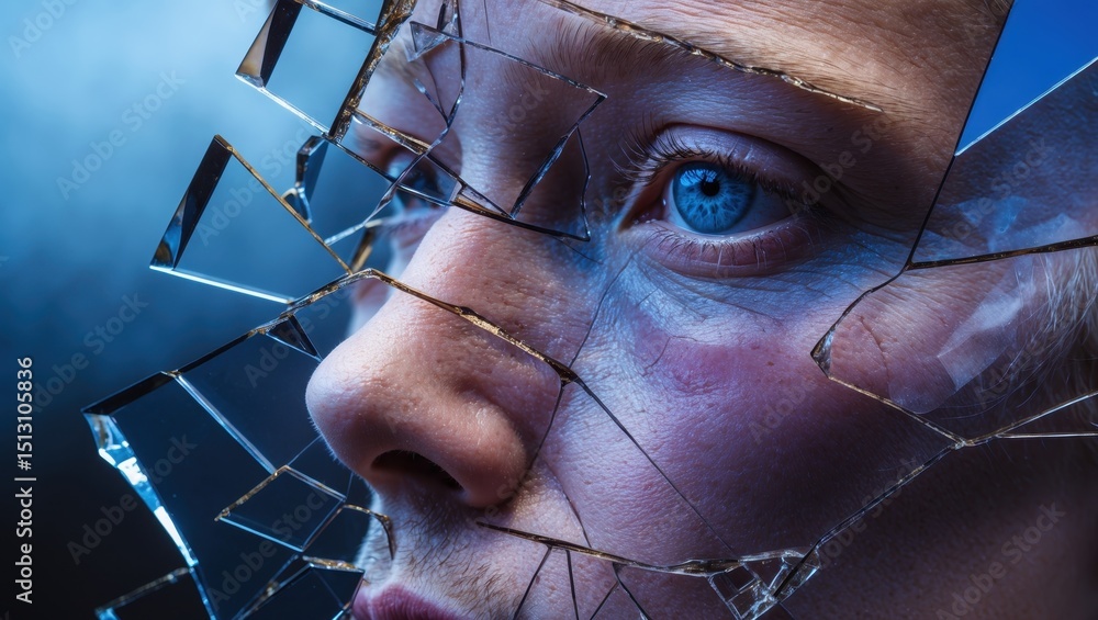 Poster exploring the boundaries of perception through shattered reflections in surrealism