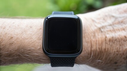 Digital Nomad retirees concept. Smartwatch displayed on a wrist, showcasing modern technology and lifestyle integration.