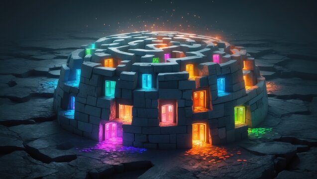 Surreal labyrinth of colorful doors representing diverse scenarios and paths in an imaginative landscape