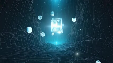 A vast glowing digital canyon night, blue terrain geometric grids wireframes, cubes air data packets. canyon's core, levitating cube vault fractals decentralized quantum blockchain hub data crypto - Powered by Adobe