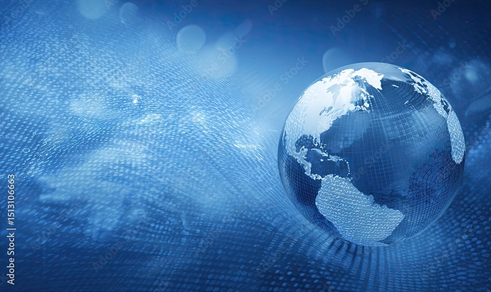 Poster global network technology with a digital globe and abstract blue background for business solutions