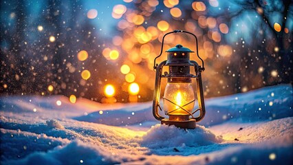 Snowy Winter Night Lantern Glow, Vintage Lantern Photography, Winter Wonderland, Candid Snow Scene, Glowing Lantern Image