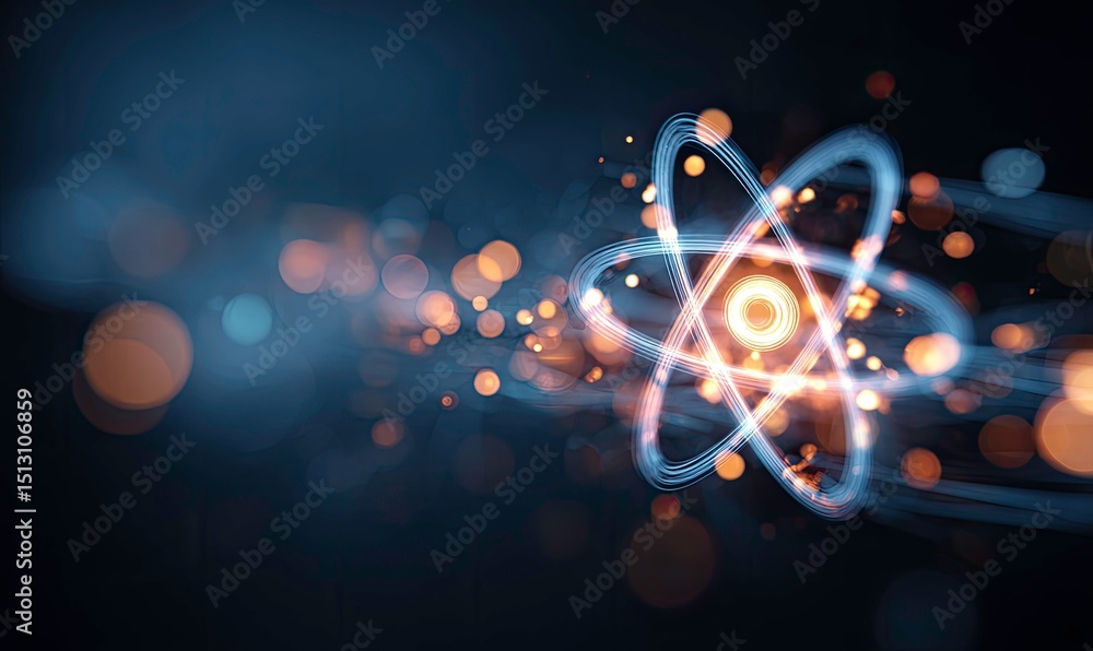 Poster glowing atom model with orbiting electrons in a dark blue bokeh background for science and technolog