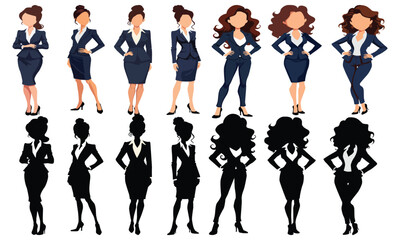 A collection of Businesswomen with different model styles, wearing dark blue skirt suits and black high heels, including full color versions and silhouette versions on a white background.