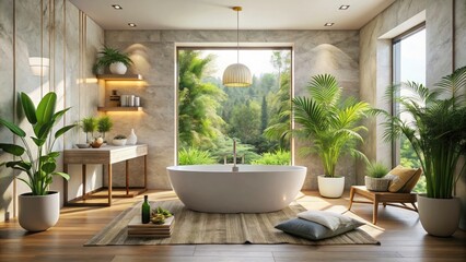 Tranquil Bathroom Design: Freestanding Tub, Neutral Palette, Spa-Like Ambiance, Relaxing Bath, Modern Bathroom Decor