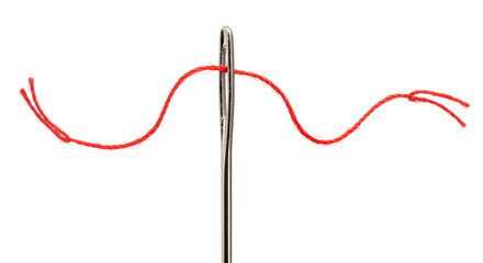 Isolated Needle and Red Thread Close-Up Stitching