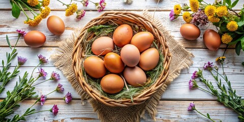 Top View Basket Eggs Landscape Photo: Rustic Farm Fresh Eggs Still Life Photography