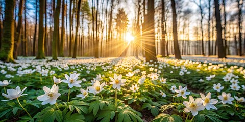 Spring Forest Anemone Sylvestris: Tilt-Shift Photography of White Flowers in Woodland Clearing