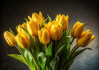 Spring Yellow Tulip Bouquet, Low Light PNG Image, Isolated Flowers, Floral Photography