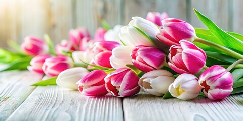 Spring Tulips Tilt-Shift Photography: Pink & White Flowers on White Wood Background