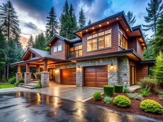 Naklejka premium Pacific Northwest Modern Luxury Home: Macro Photography of Architectural Details & Landscaping