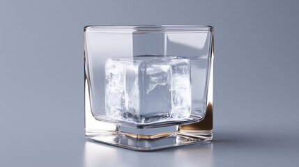 Clear glass with single large ice cube inside sits on reflective surface, showcasing transparency and coolness of ice in minimalist setting