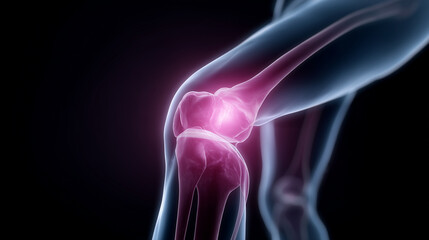 Knee joint human leg bone structure medical illustration anatomy pain area glowing effect transparent skin health concept skeletal system