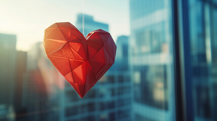 Red geometric paper heart hanging by string in front of blurred cityscape background, evoking feelings of love and warmth in urban setting