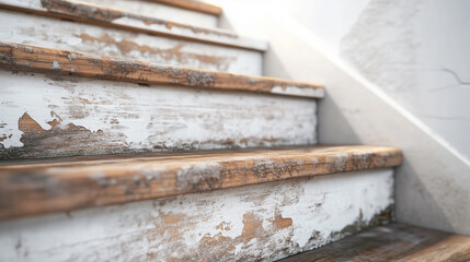 Worn wooden stairs with peeling white paint showing natural wood underneath, creating rustic and aged appearance in soft natural light