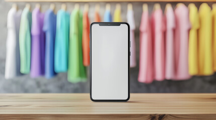 Smartphone blank screen wooden table colorful clothes clothing rack retail display modern device technology fashion shopping mobile phone apparel casual wear pastel colors hanging clothes front