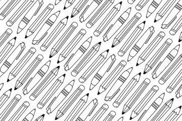 An outline pens and pencils illustration background. School background with pens and pencils. Creative drawing and writing activities concept.